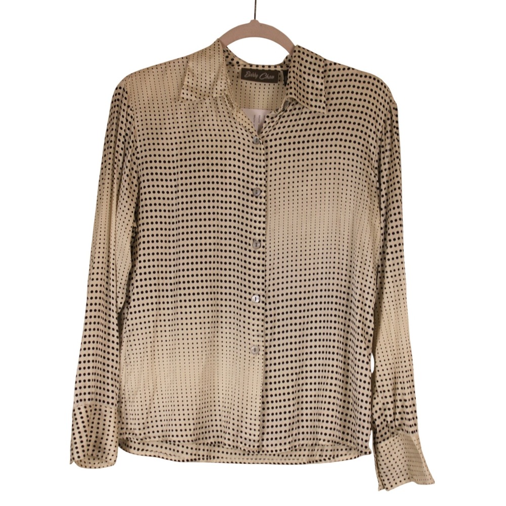 Vtg Bobby Chan 70s Disco Revival Cream Black Polka Dot Silk Button Up Top M